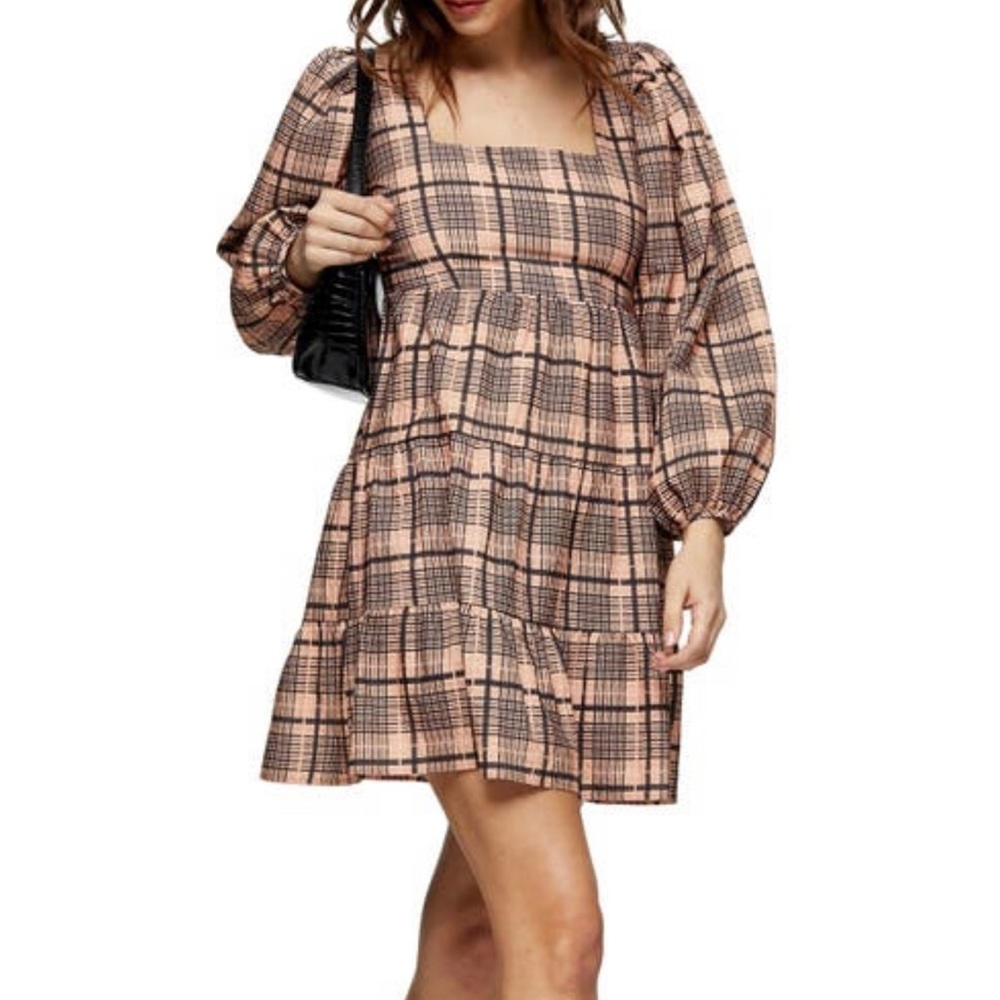TopShop Textured Check Long Sleeve Mini Dress